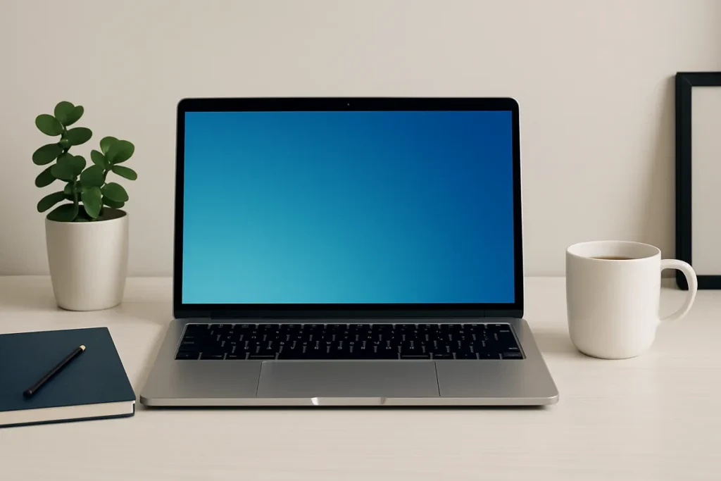 Modern workspace with silver laptop, coffee mug, and notebook on white desk.